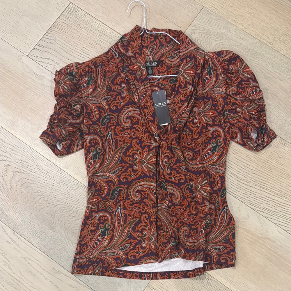 Women's Paisley Top with ruffle sleeve and neck tie detail